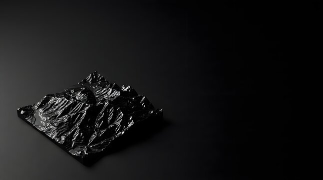 A shiny black object sits on a dark surface with a rugged texture visible.