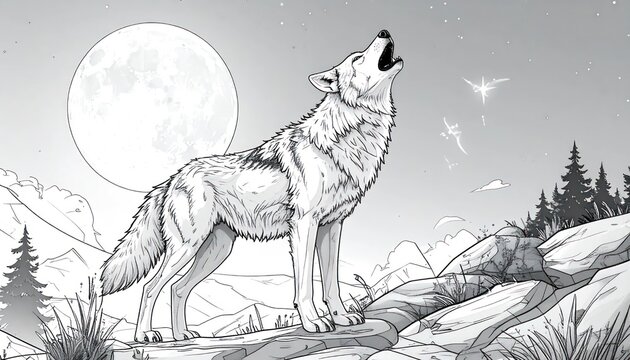 Detailed grayscale illustration of a powerful wolf howling at a majestic full moon in a serene mountain landscape at night standing on rocks.