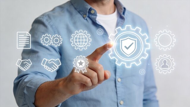 Man touching virtual gear icon with shield, representing system settings, cybersecurity protection, software configuration, and technical maintenance services for businesses.