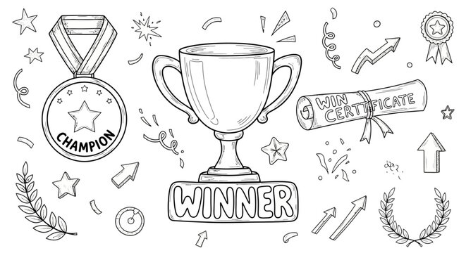 Comprehensive Hand Drawn Doodle Set of Victory Awards including Golden Trophy Cup, First Place Winner Medal, Achievement Certificate, Champion Ribbon, and Success Celebration Illustrations.