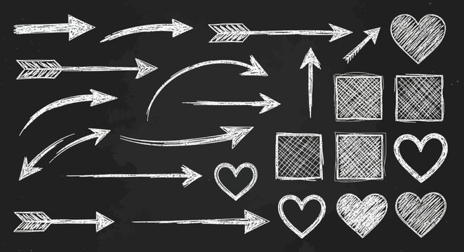 Artistic set of hand drawn chalk brush strokes featuring grunge arrow elements, square frames, heart shapes, and messy scribble line sketches on a dark textured blackboard background.