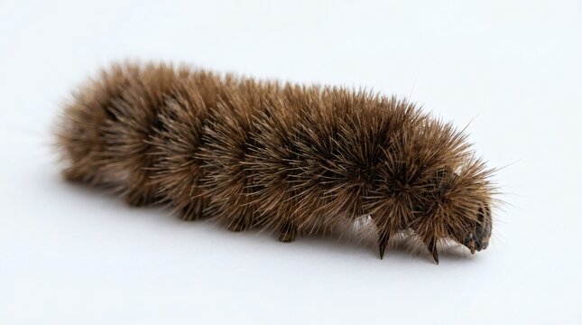 Detailed Macro Shot of a Brown and Hairy Caterpillar on White Surface.