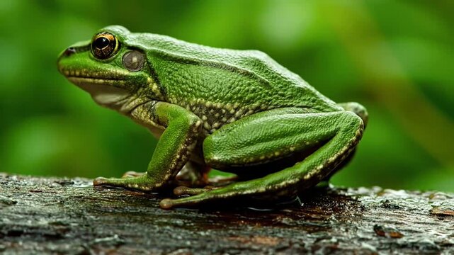 Green Tree Frog Resting on Wet Forest Branch