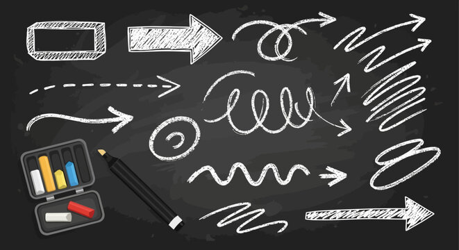Collection of hand-drawn white chalk arrow symbols and brush strokes sketched on a dark textured blackboard background with marker crayon effect for creative presentation and graphic design.