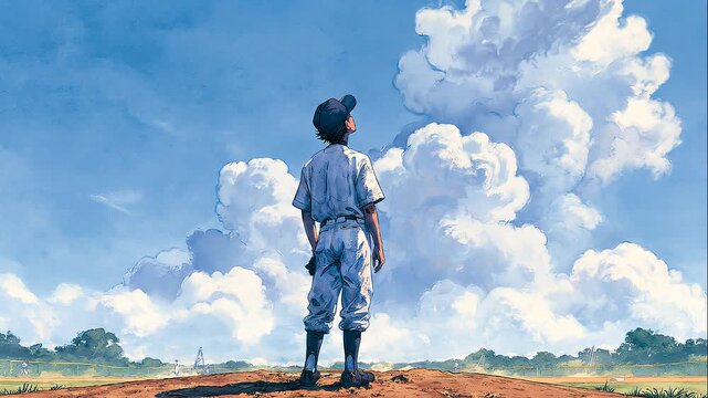 マウンドから空を見上げる野球部員