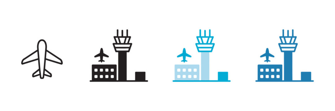 Airport control tower and airplane icon set, aviation symbols, airport infrastructure graphics, air traffic control and flight management concept, modern flat vector design.
