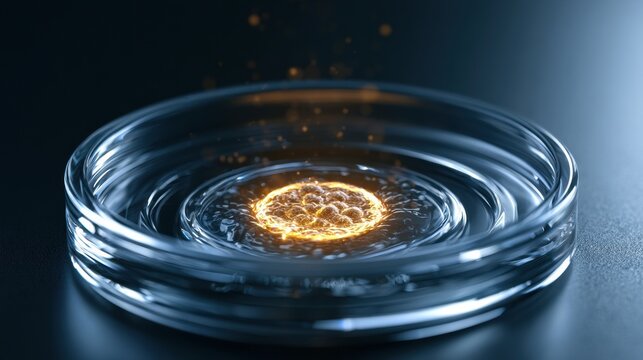 A single embryo glows amber in a glass petri dish under microscope light. The glass surface contrasts with a dark laboratory background.