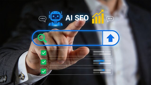 AI SEO concept with robot icon search bar checklist and upward trend graph showing artificial intelligence enhancing search engine optimization strategies