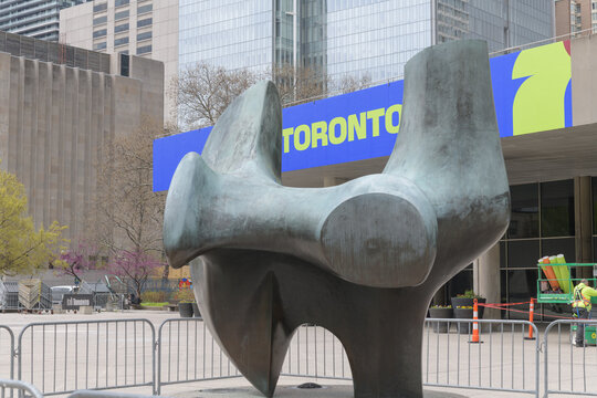 Henry Moore's Three Way Piece No.2: Archer and FIFA World Cup 2026 tournament branding or host city dressing at Toronto City Hall