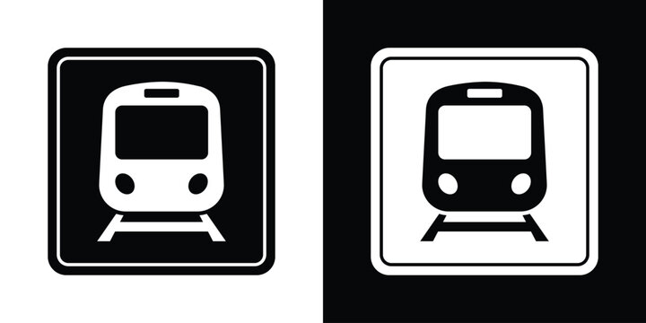 Front view of a train locomotive inside a square frame. Minimalist black and white vector icon representing a subway station or railway crossing sign.