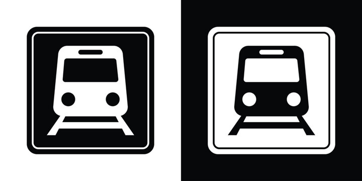 Front view of a train locomotive inside a square frame. Minimalist black and white vector icon representing a subway station or railway crossing sign.