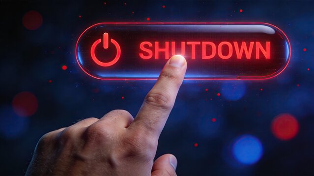 Futuristic red glowing shutdown power button on digital screen, system turn off command, cybersecurity threat alert, emergency stop control, technology network disconnection