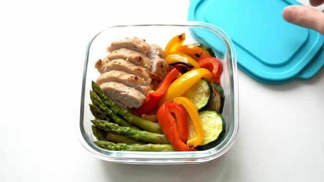 Healthy Meal Prep Container Displaying Sliced Chicken and Fresh Vegetables on White Table