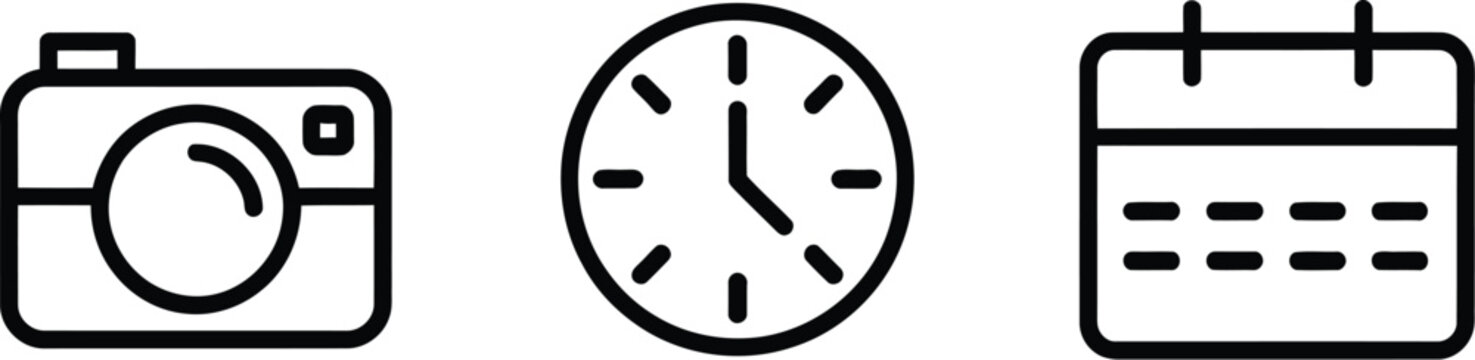 Set of black line icons representing a digital photo camera round wall clock and a wall calendar for scheduling events.