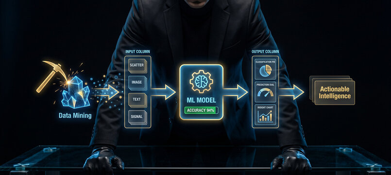 Executive Presenting Data Mining to Actionable Intelligence Pipeline. Strategic AI Concepts for Business Analytics, Predictive Modeling, and High Accuracy Information Processing