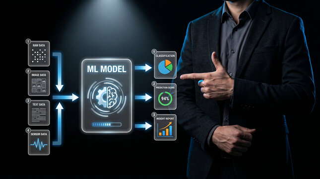 Businessman Presenting Machine Learning Model Pipeline with Multimodal Data Inputs. Processing Raw, Image, Text, and Sensor Data for Classification and High Accuracy Prediction Score