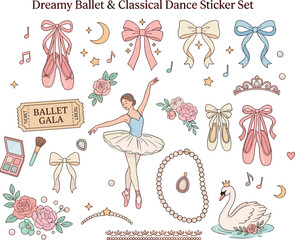 Ballet and classical dance sticker set, ballerina with pointe shoes, swan, flowers, and theatrical gala accessories vector illustration on transparent background © Tanya