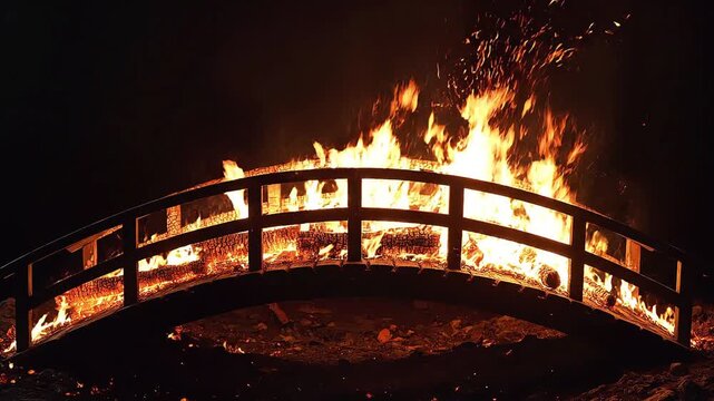 A wooden bridge is engulfed in bright flames, with orange and yellow fire pouring out, illuminating the dark night, creating a fiery, dramatic scene