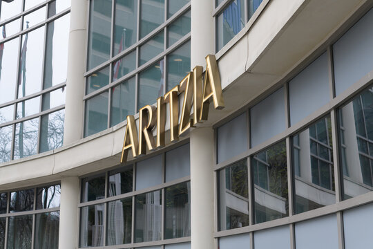 exterior building facade and sign of Aritzia, a women's clothing store chain, located here at CF Toronto Eaton Centre, 220 Yonge St
