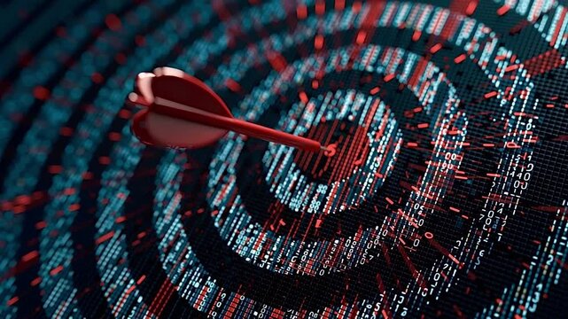 Red dart hitting the bullseye of a futuristic digital target made of binary code, representing precision marketing, business goal achievement, data analysis, and successful strategy execution
