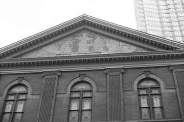 Fototapeta premium black and white view of Massey Hall, designed by Sidney Badgley (1894), a gift from Hart Massey, located at 178 Victoria St, Toronto