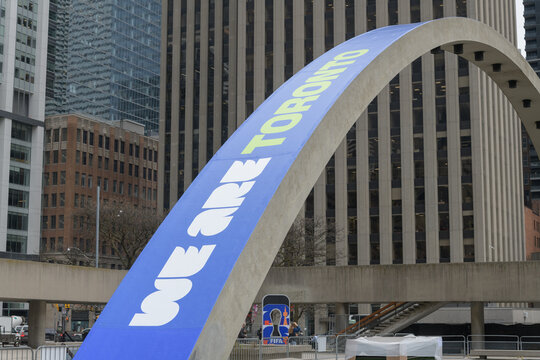 FIFA World Cup 2026 tournament branding or host city dressing on Arches at Nathan Phillips Square, Toronto City Hall