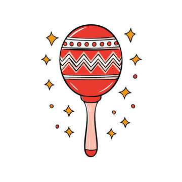 Vibrant red maraca with festive geometric patterns and sparkling light accents