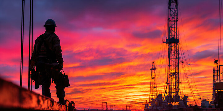 Worker Silhouette at Oil Drilling Site at Sunset