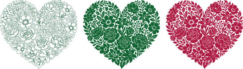 Decorative floral heart vector set, three elegant botanical heart shapes, intricate flower and leaf patterns, romantic design elements for love and nature themes isolated on White Background © Abida