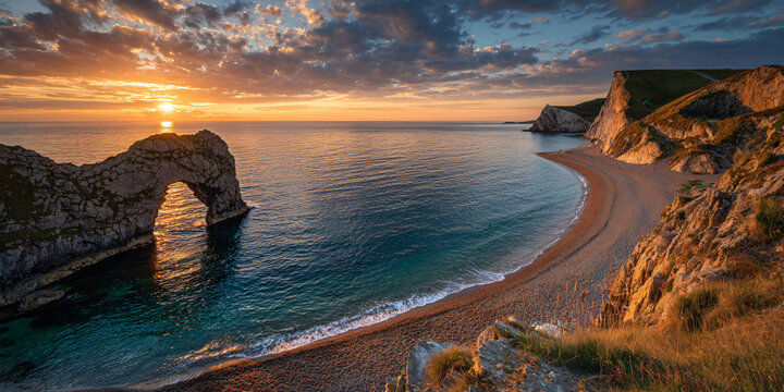 Durdle Door Sea Arch at Sunset Dorset England