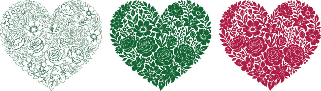 Decorative floral heart vector set, three elegant botanical heart shapes, intricate flower and leaf patterns, romantic design elements for love and nature themes isolated on White Background