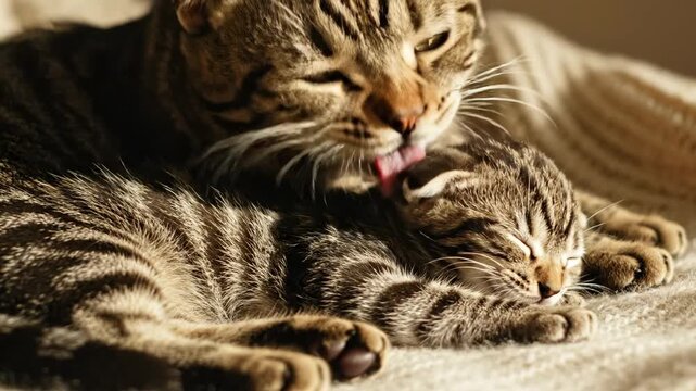 A devoted mother tabby cat tenderly cleans her sleepy young kitten with loving licks, showcasing a heartwarming moment of feline maternal care and precious family bonding amidst soft, natural