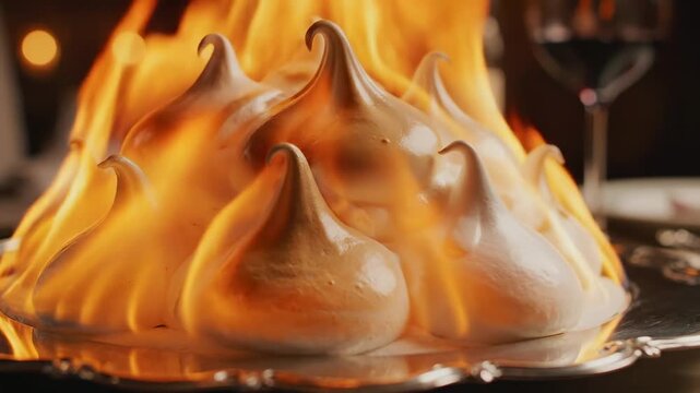 Gourmet baked alaska dessert with toasted meringue peaks being flambeed with orange flames.