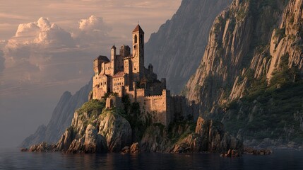 Obraz premium Majestic medieval castle perched dramatically atop a towering steep cliff, surrounded by a breathtaking landscape and evoking a powerful epic fantasy atmosphere