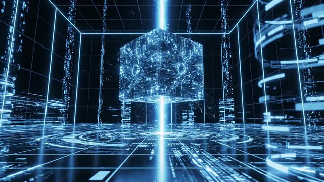 Futuristic quantum computing concept with a glowing digital cube and high speed data transmission.