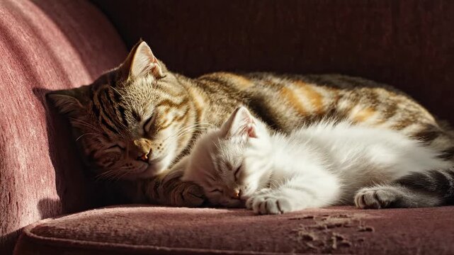 A warm ray of sunlight bathes a mother feline and her tiny white kitten as they slumber peacefully together on plush, dusty rose fabric, showcasing an intimate moment of familial affection