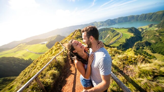 Casal Apaixonado a Passear no Miradouro da Boca do Inferno em S&atilde;o Miguel, Contemplando as Lagoas e as Paisagens Naturais dos A&ccedil;ores.