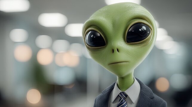 A friendly alien with large expressive eyes and smooth green skin, wearing a modern business suit, is standing in an office setting with soft lighting, a shallow depth of field	