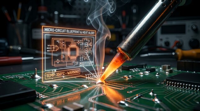 A soldering iron soldering a microcircuit board with a heat alert and blueprint overlay