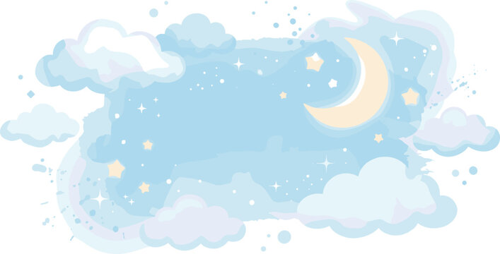 Soft Watercolor Night Sky Background with Clouds Crescent Moon Stars and Pastel Dreamy Nursery Illustration Design Vector