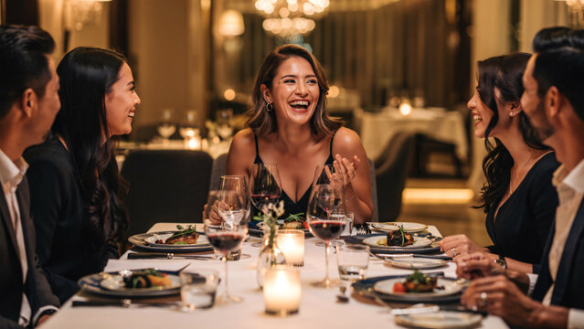 Happy woman enjoying dinner with friends at a fine dining restaurant, laughing and engaging in lively conversation around a beautifully set table. 