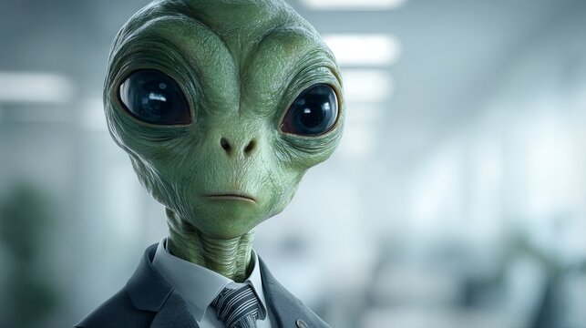 A friendly alien with large expressive eyes and smooth green skin, wearing a modern business suit, is standing in an office setting with soft lighting, a shallow depth of field	