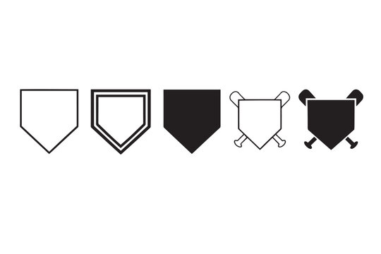 Baseball home plate icon set, minimalist softball plate vector collection, black and white sports equipment graphics for team logos and league branding