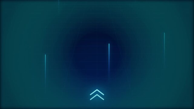 Animated blue glowing abstract data lines and up arrow on digital grid.