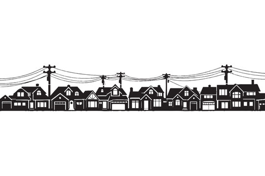 Suburban neighborhood silhouette with residential houses and power lines, black and white street landscape vector, small town housing community border