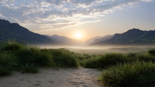 A misty dawn over mountains showcasing golden light illuminating scrub grass and foreground sand