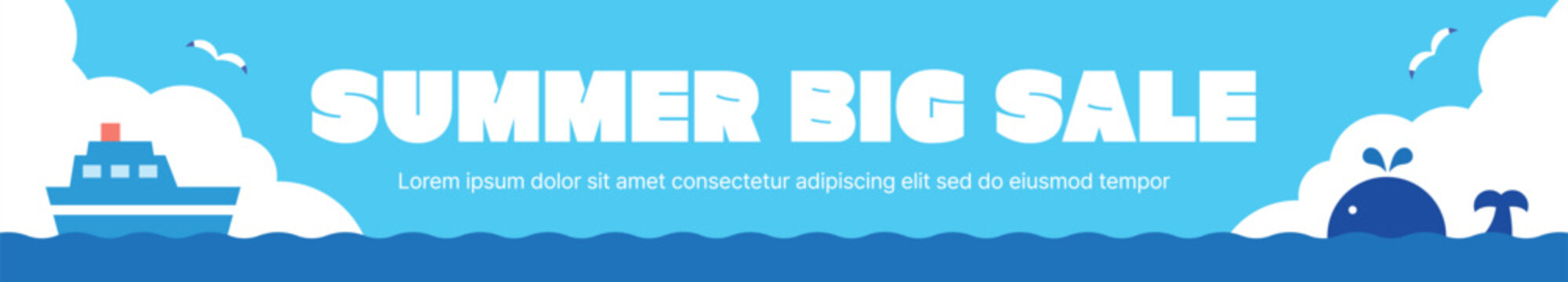 Summer big sale horizontal banner design featuring a cruise ship, a cute whale, and seagulls on blue ocean waves. Vibrant flat vector illustration with bold typography and copy space for seasonal mark