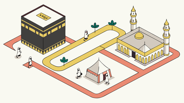 Isometric vector illustration of a mosque and the Kaaba with a pathway and tents