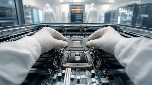 Engineer in cleanroom gloves installing advanced AI processor chip into server motherboard socket with technicians in background