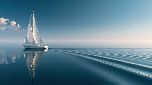 White sailing yacht with full sails moving on calm deep blue sea with clear reflection on water surface shows peaceful sailing travel concept